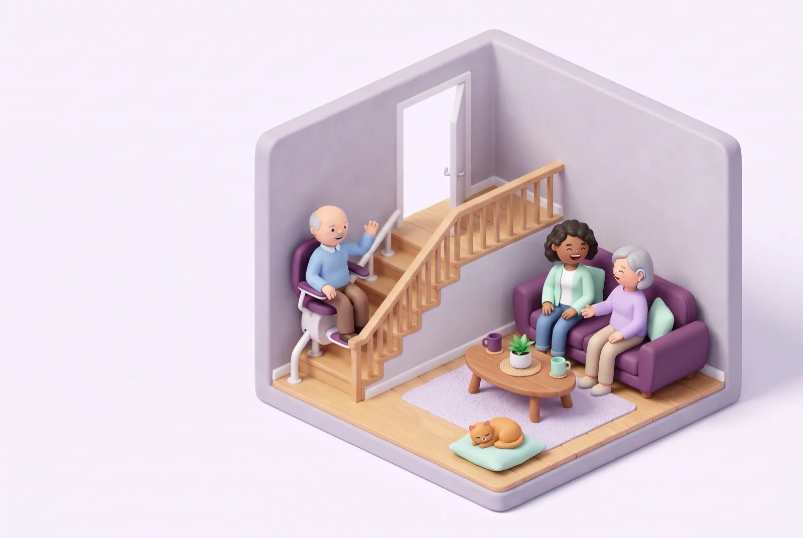 A cut-away family home: a grandad waving from a stairlift, and a mother and daughter laughing on the sofa; the mother wears a small hearing aid